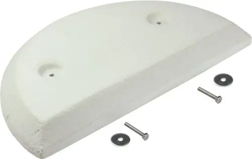 Weißes, halbrundes Isolierelement mit zwei Montagebohrungen und Metallschrauben. Geeignet für Anwendungen von Bosch zur Türisolierung.